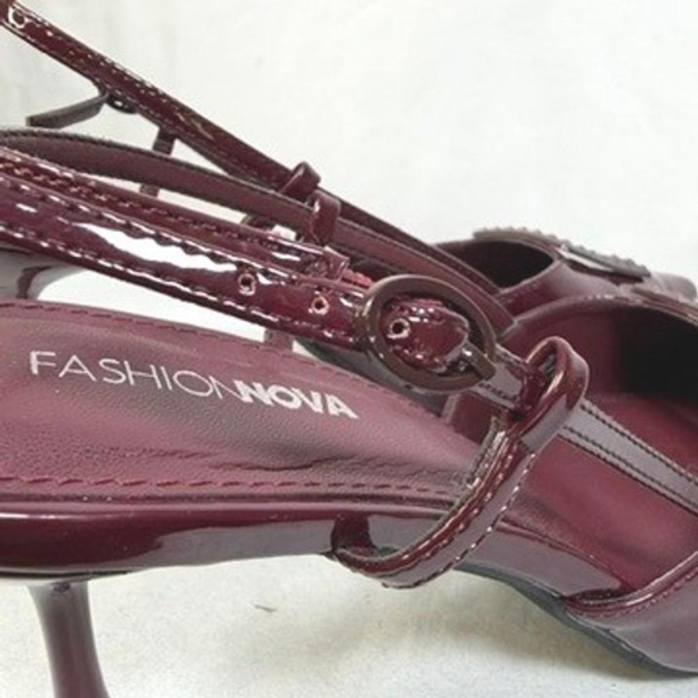 Fashion Nova Patent Slingback Pumps Studded Buckle Pointed Toe Burgundy Size 8.5 - Picture 5 of 13